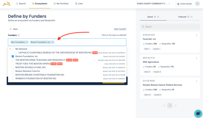 Screen shot showing the bar for adding funders in the search bar