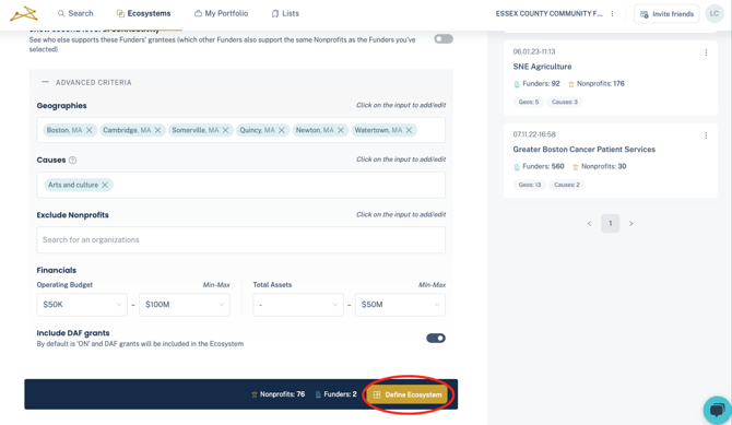 Screenshot showing filled out criteria and Define Ecosystem button